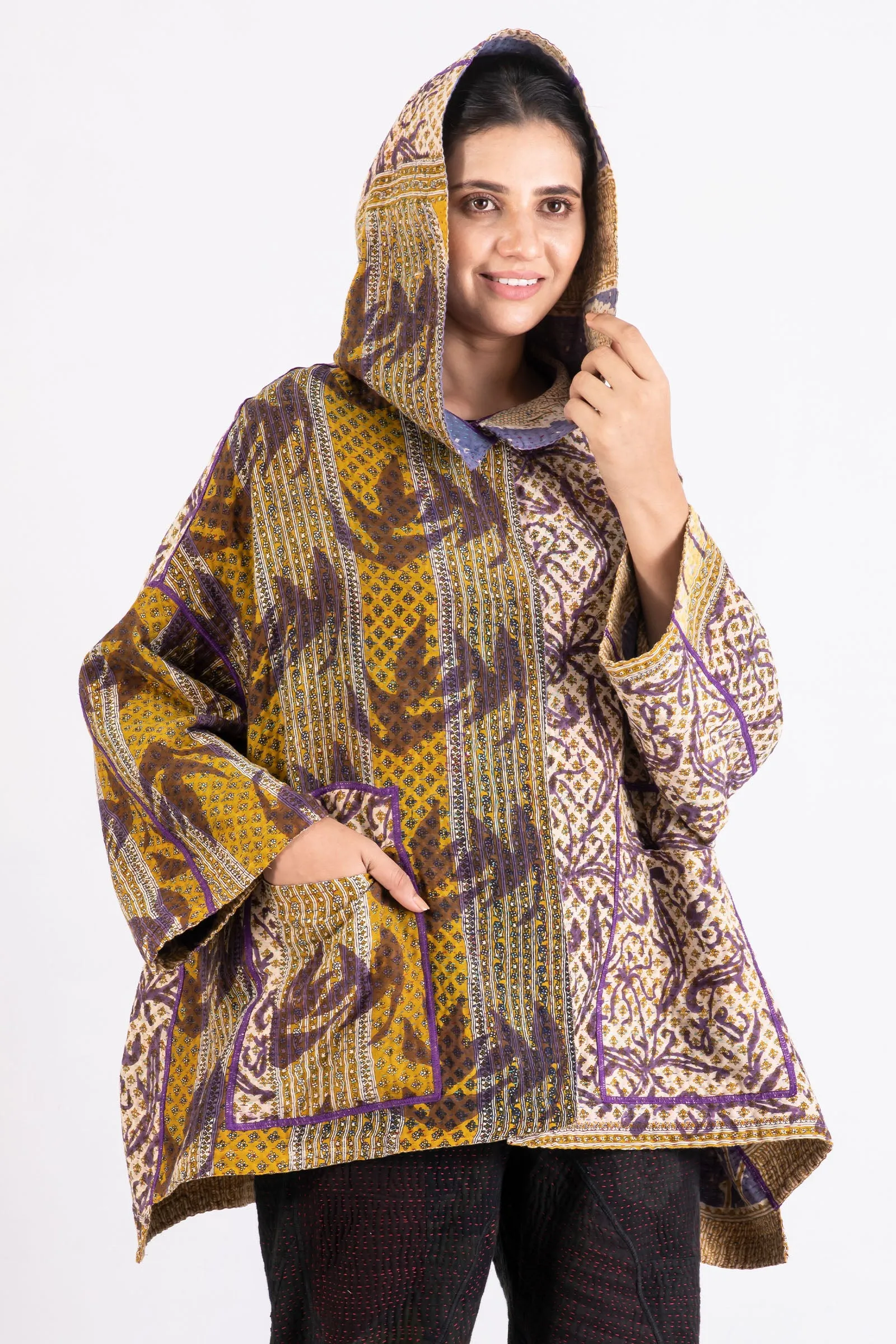 VINTAGE COTTON KANTHA HOODIE PONCHO