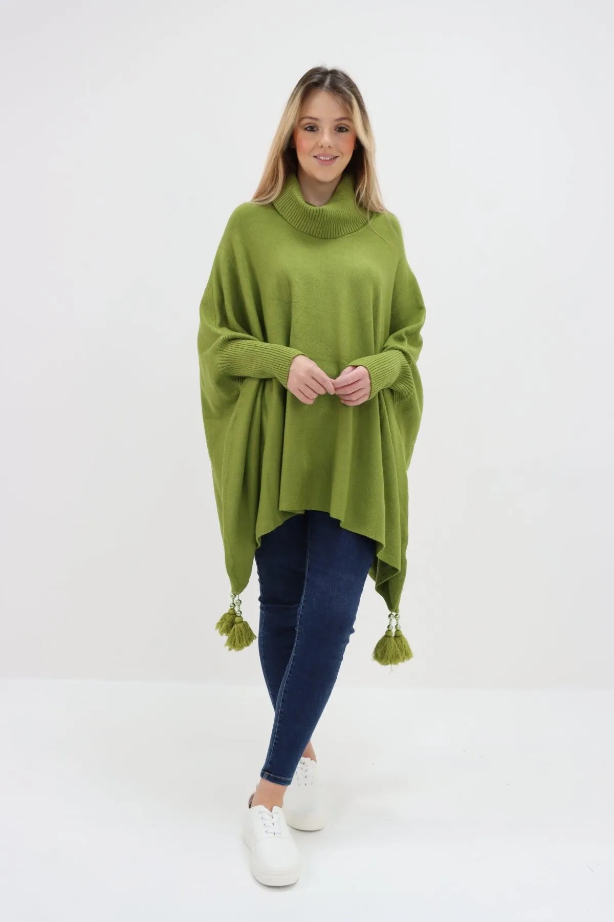 Womens Tassel Poncho Cowl Neck Ladies Knitwear Jumper Top